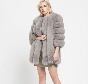 Long Vertical Fox Fur Coat Cropped Sleeves