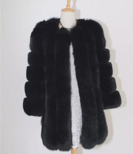 Long Vertical Fox Fur Coat Cropped Sleeves